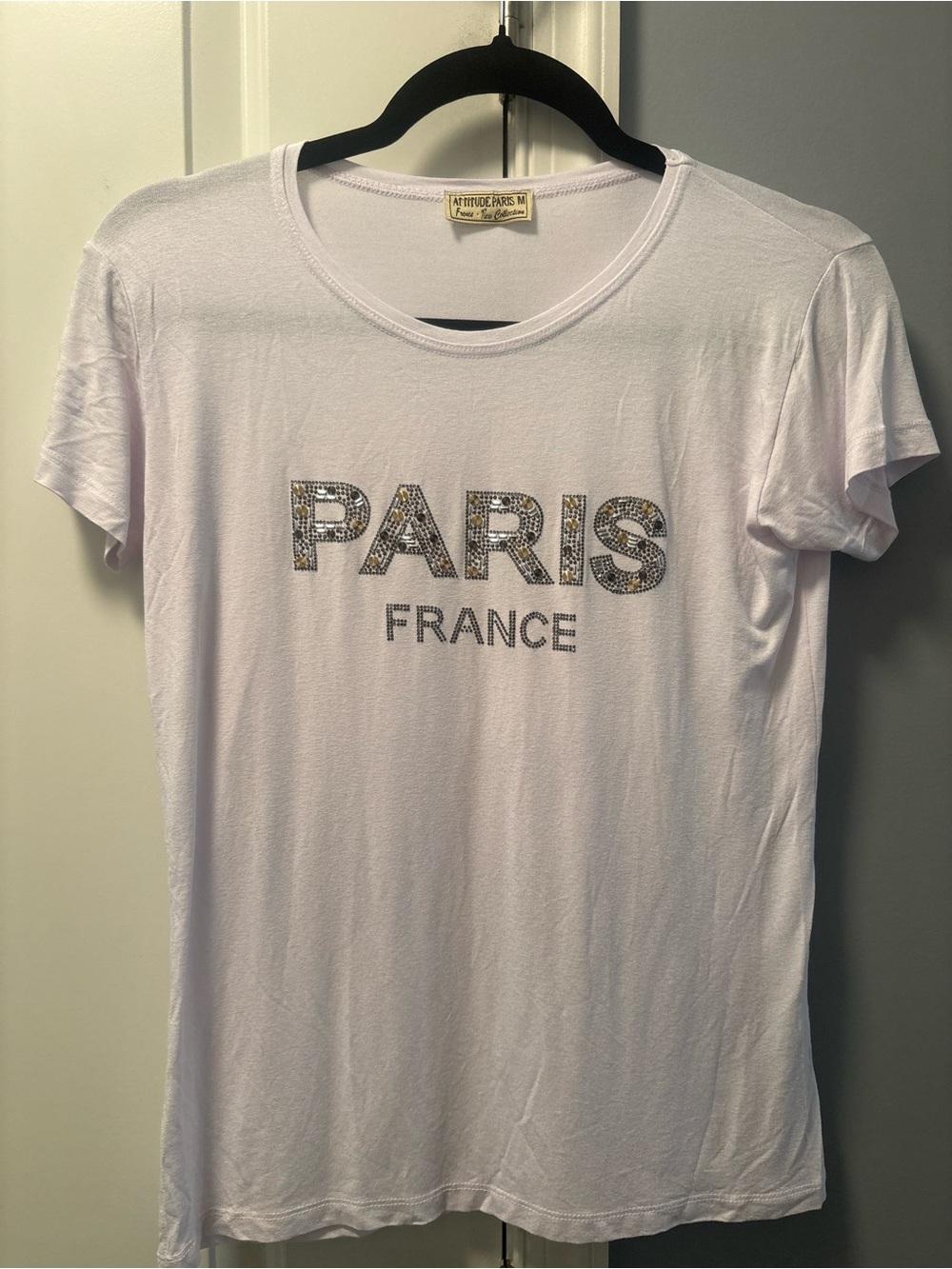Paris Paris France Rhinestone Graphic Tee White Stretch Top Medium